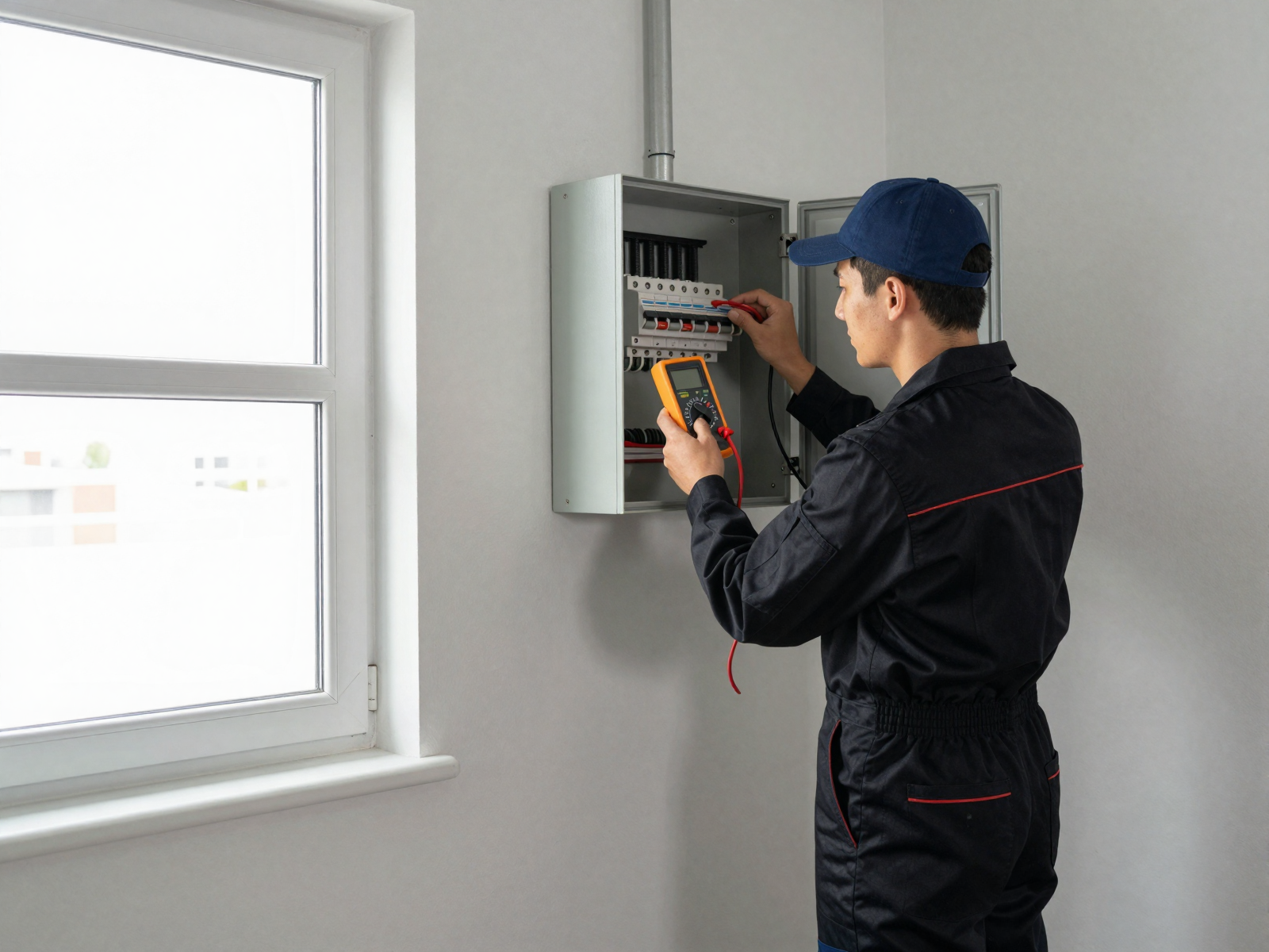 Electrician inspecting electrical panel